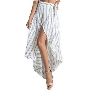 WHITE STRIPE ASSYMMETRICAL TIE UP MAXI SKIRT